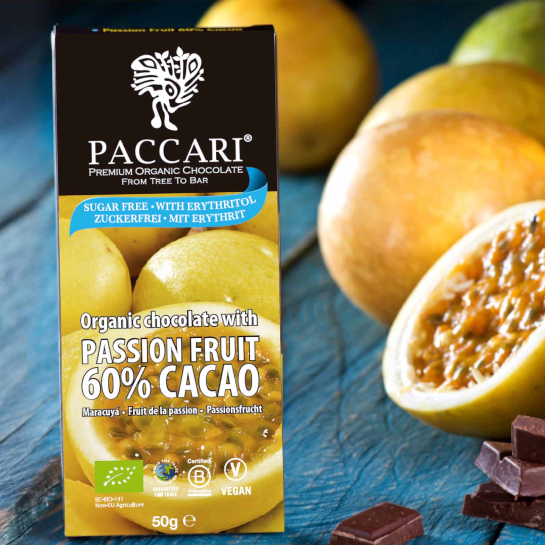 PACCARI | Zuckerfreie Bio Schokolade Maracuja | Ecuador