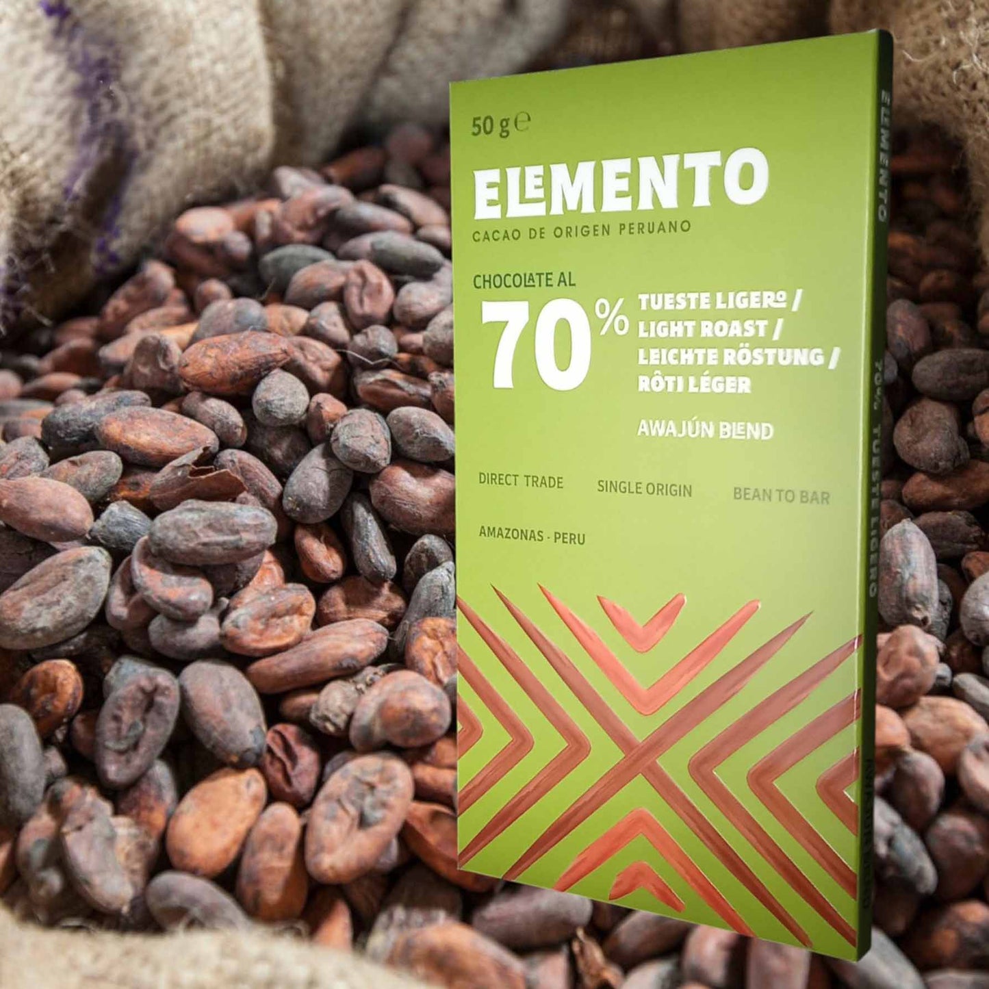 ELEMENTO, Schokolade leichte Röstung, 70% Kakao, Awajún, Peru