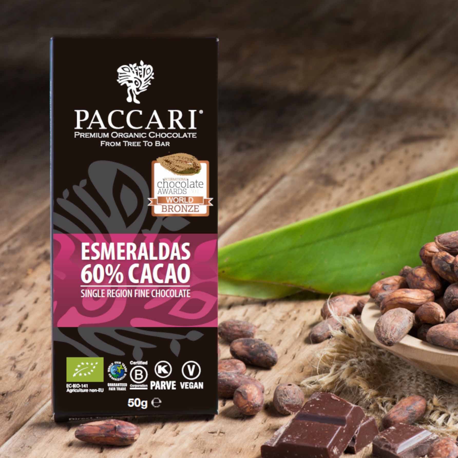 Bio-Edelkakao Arriba Nacional aus Esmeraldas, Bio-Vollrohrzucker, Bio-Kakaobutter, Emulgator: Bio-Sonnenblumenlecithin, Kakaogehalt mind. 60%.