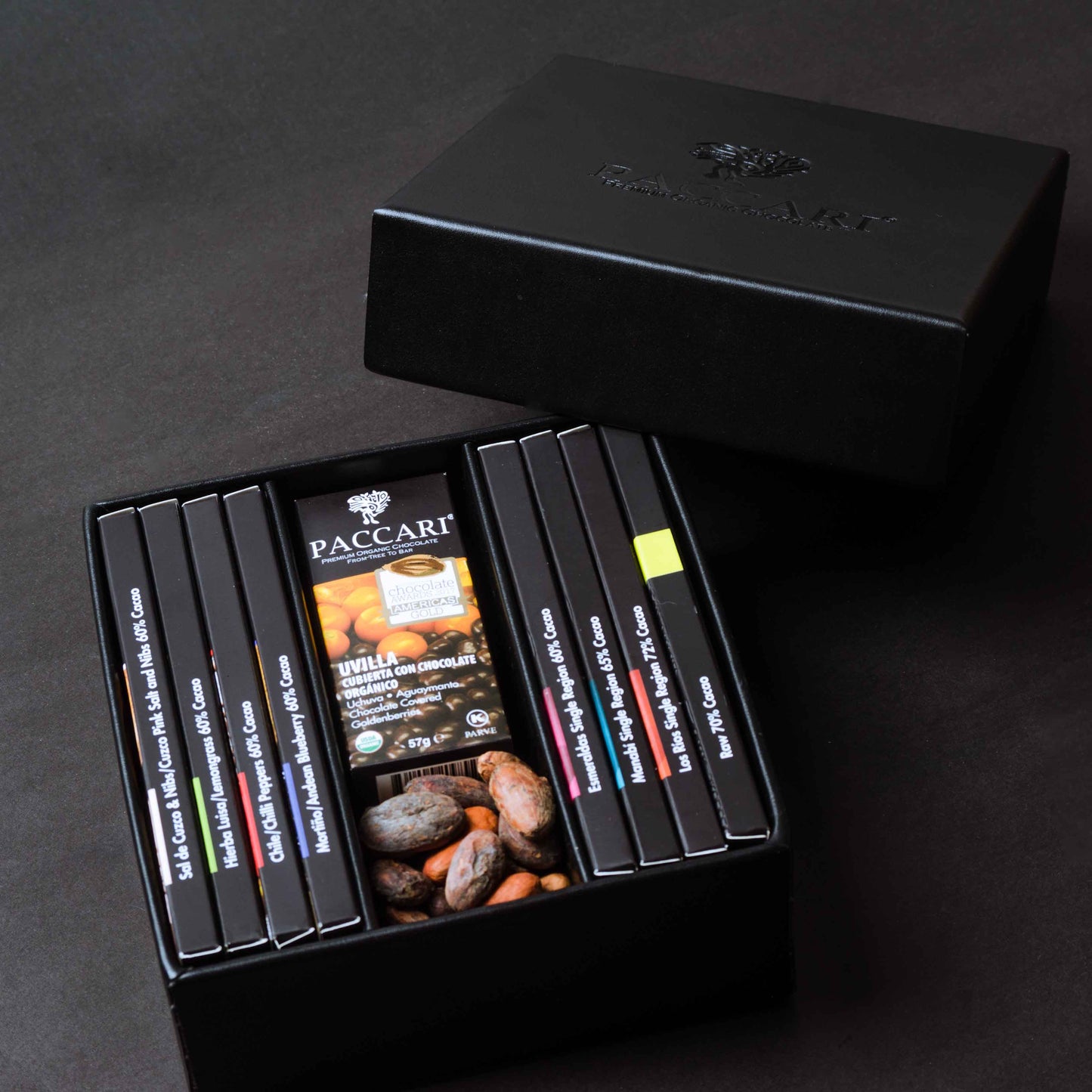 PACCARI, Bio Schokolade, große Geschenkebox aus Leder, Ecuador, ab 60% Kakao