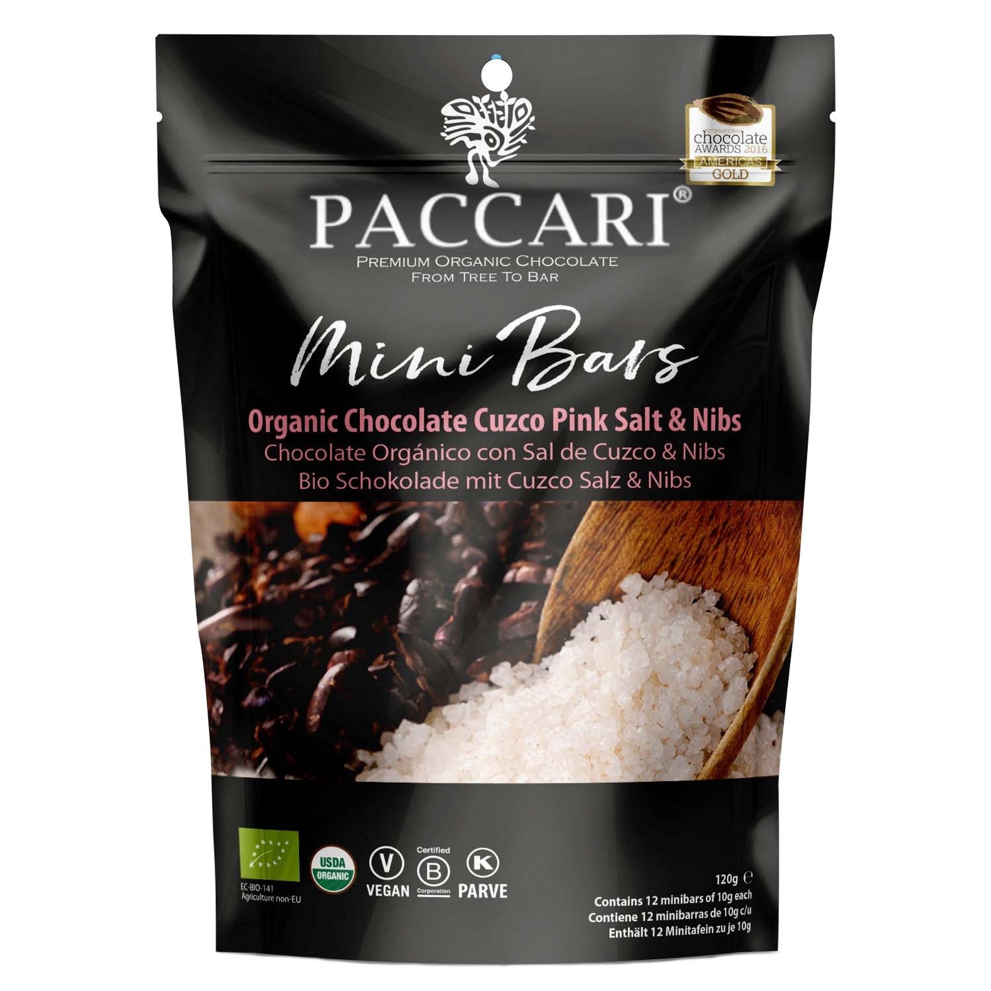 PACCARI, Bio Schokolade, Minitafeln, Salz & Nibs, Ecuador, 60% Kakao