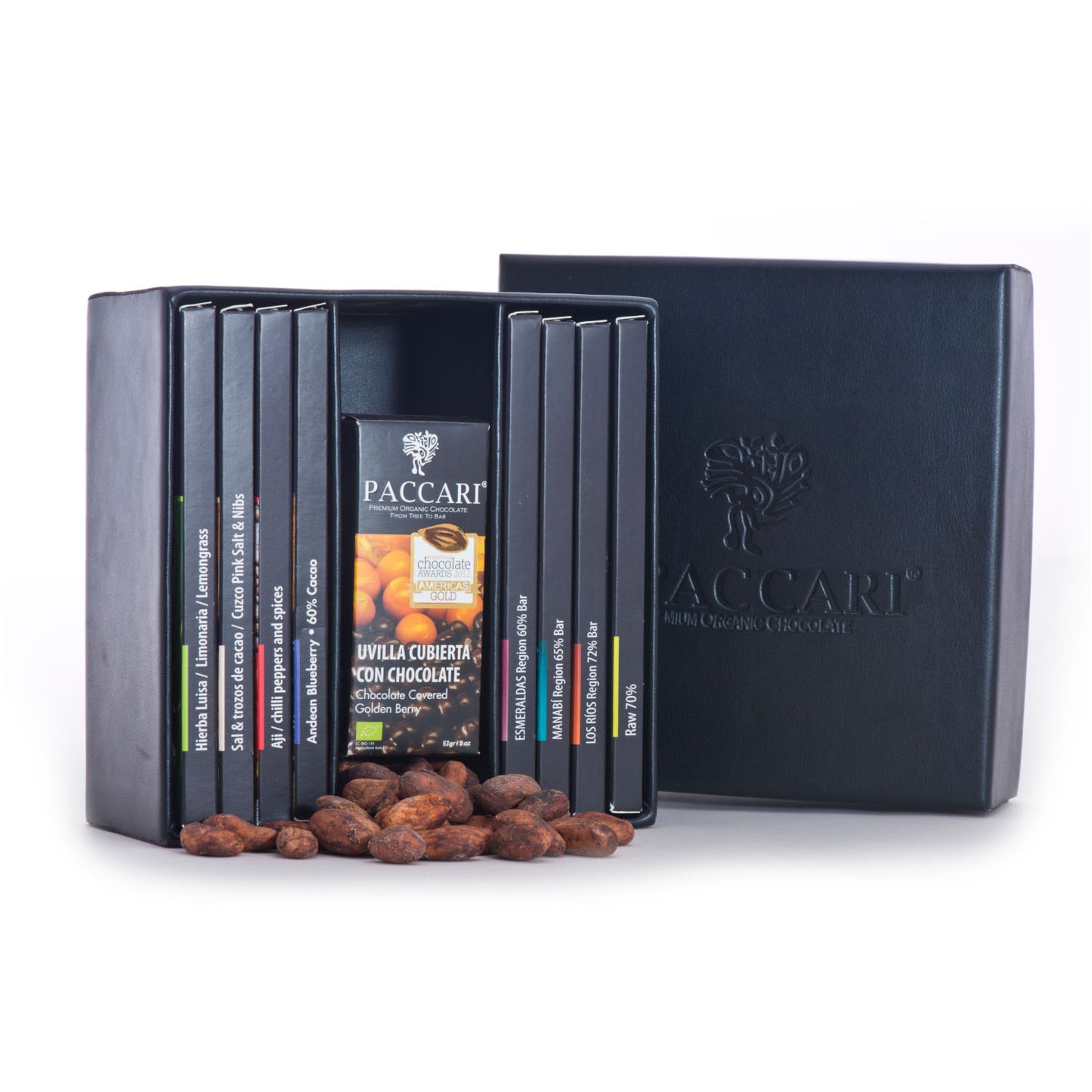PACCARI, Bio Schokolade, große Geschenkebox aus Leder, Ecuador, ab 60% Kakao