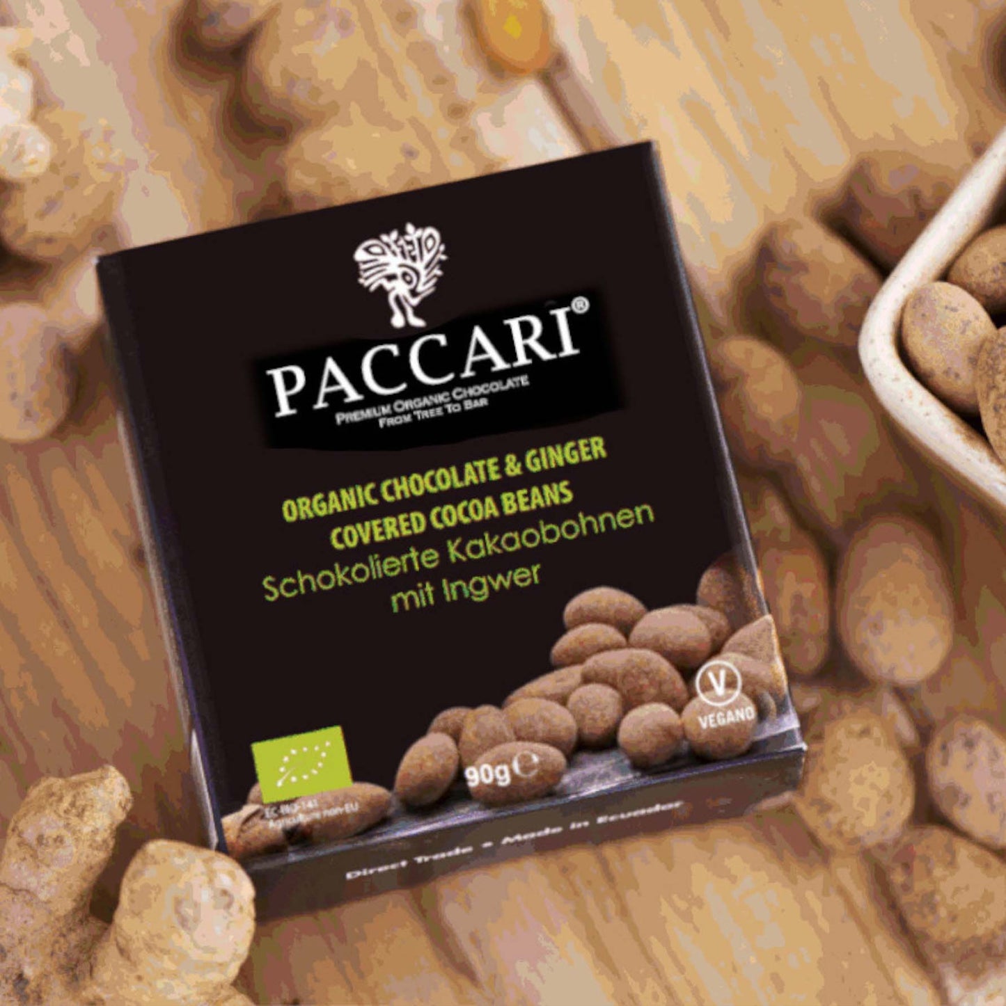 PACCARI, Bio schokolierte Kakaobohnen mit Kakaopulver und Ingwer, Ecuador